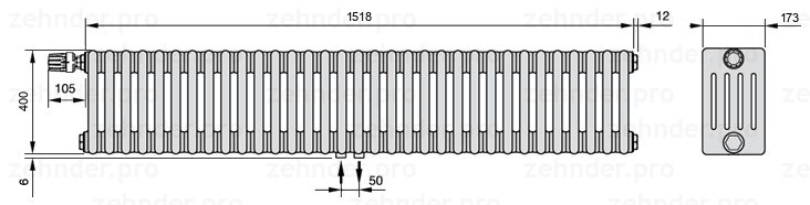 Схема (чертеж) Радиатор Zehnder Charleston 5040/33 №V007 Белый глянцевый RAL 9016